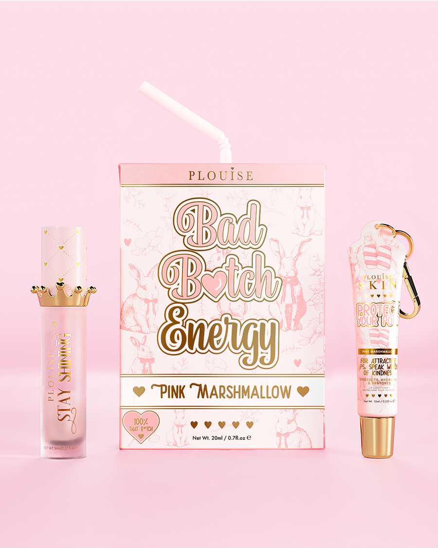 P.Louise 'Bad Bitch Energy' pink marshmallow lip duo set on a pink background
